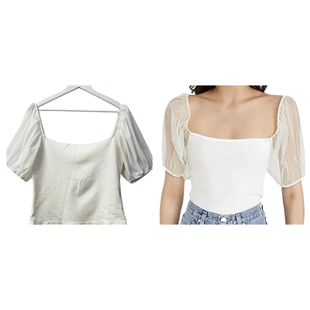 Intimately Free People Crop Top Off White Sheer Puff S/S Square Neck Size Large